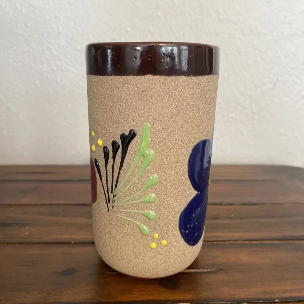 Vintage Mexican Art Pottery Stoneware Vase Hand Painted Floral Flowers 5”